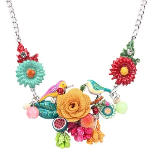 Colorful Enamel Flowers and Birds Statement Necklace