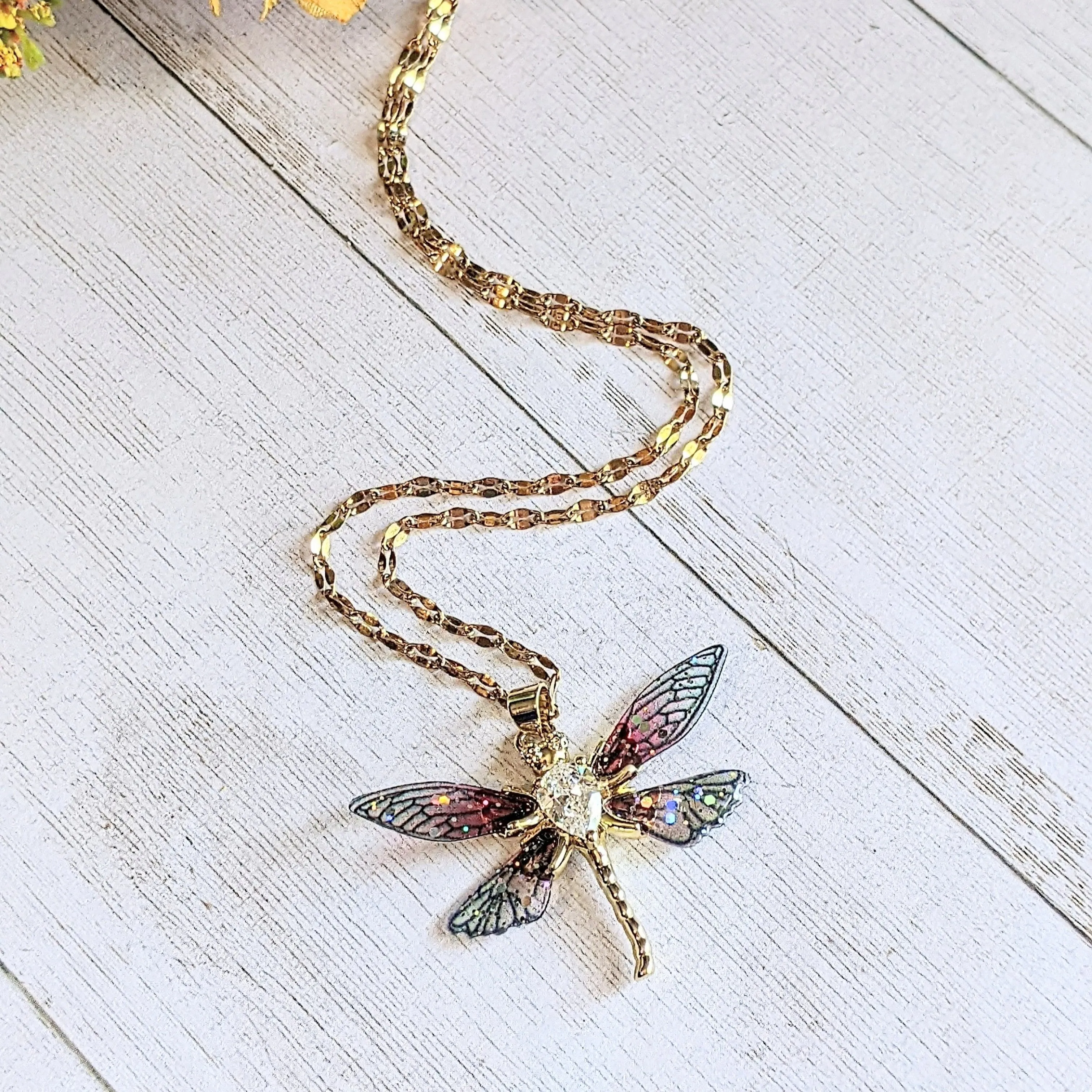 Colorful Resin Dragonfly necklace, 22 inch