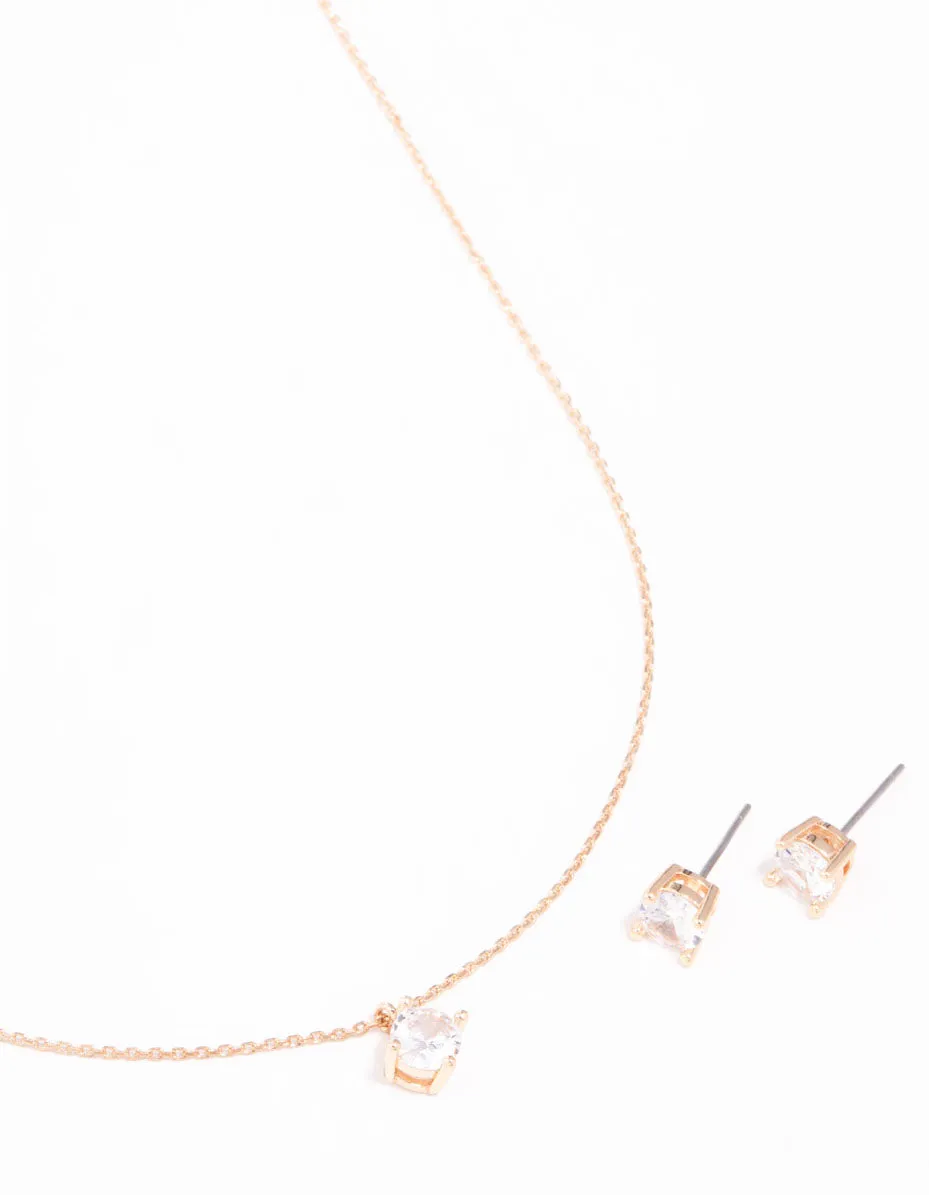 Cubic Zirconia Gold Necklace & Stud Earrings Set