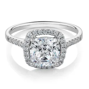 Cushion and Round Brilliant halo engagement ring with 1.91 carats* of diamond simulants in 14 carat white gold