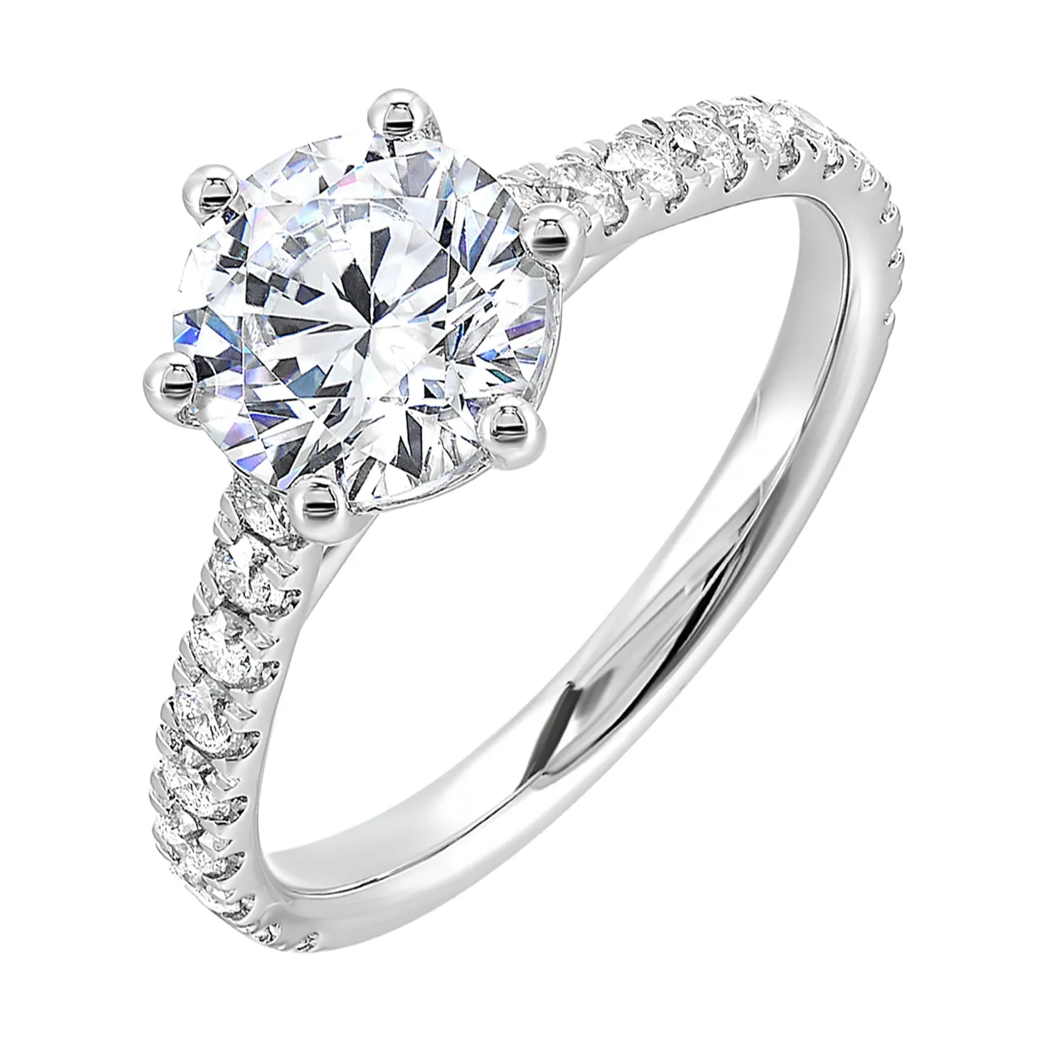 Dainty, timeless and elegant, this classic 6 prong solitare diamond engagement ring is a timeless design with petite pave band.