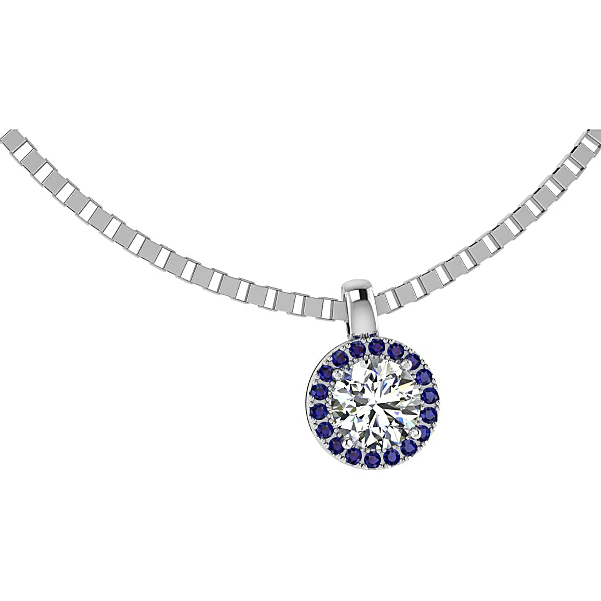 Diamond and Sapphire Halo Necklace White Gold