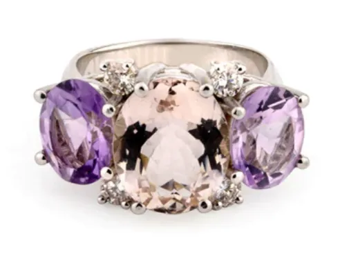 Elegant Three Stone Amethyst Ring with Gold Rope Twist Border