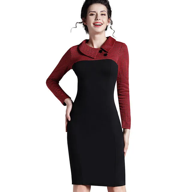 Elegant Turn Down Collar Vintage Pencil Dress