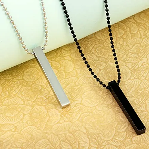 Fashion Frill Men's Jewellery 3D Cuboid Vertical Bar/Stick Stainless Steel Black Silver Locket Pendant Necklace Chain For Men Boys and Men Unisex Pendant (Classic)