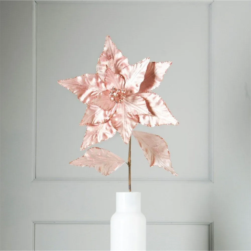 Festive 75cm Pink Artificial Glitter Velvet Poinsettia Stem