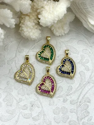 Gold Plated Brass Heart Charms with Colorful CZ, 4 Colors, Made of Gold Plated Brass Brass and Cubic Zirconia Colorful Hearts. Fast Ship