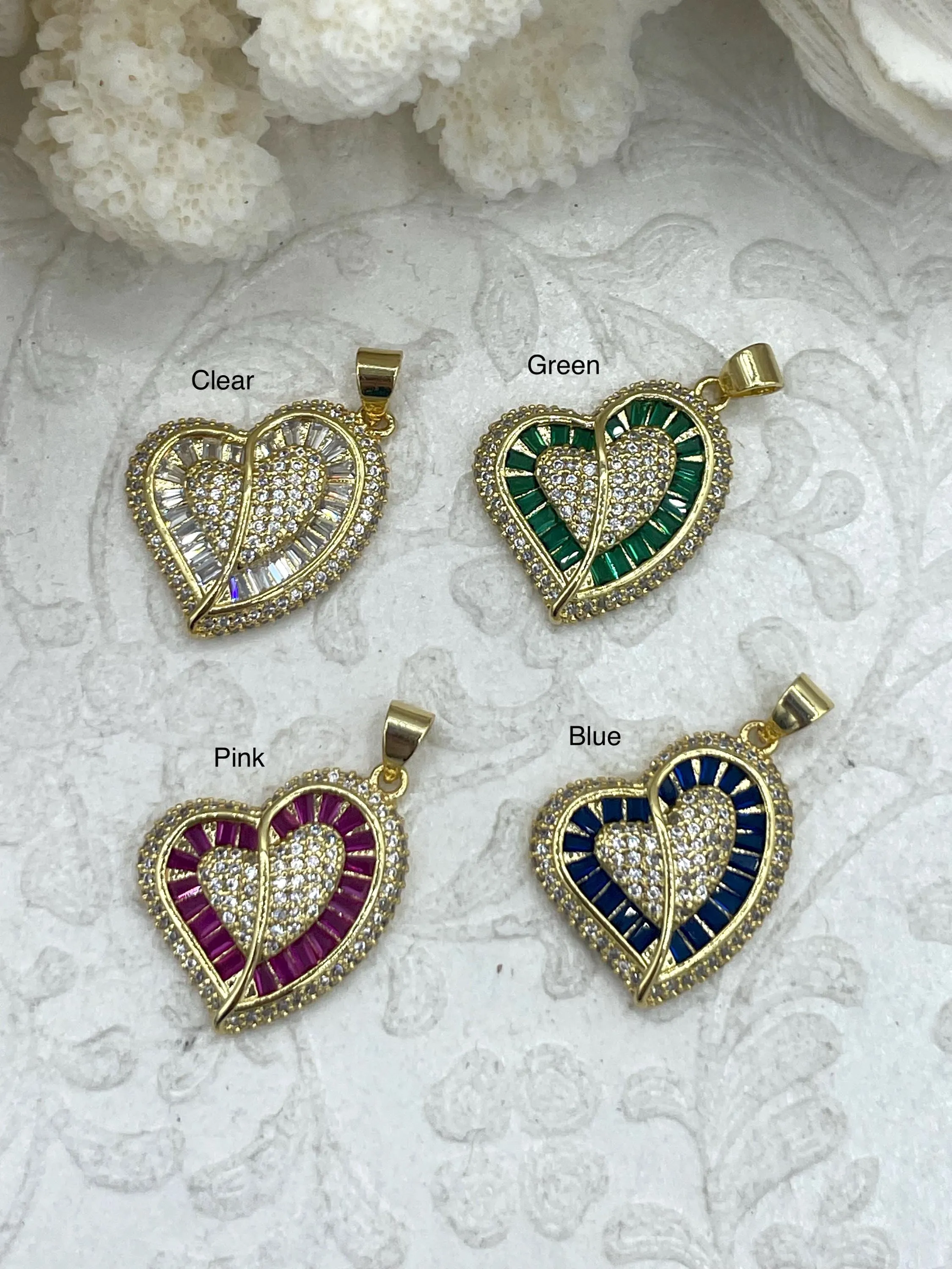 Gold Plated Brass Heart Charms with Colorful CZ, 4 Colors, Made of Gold Plated Brass Brass and Cubic Zirconia Colorful Hearts. Fast Ship