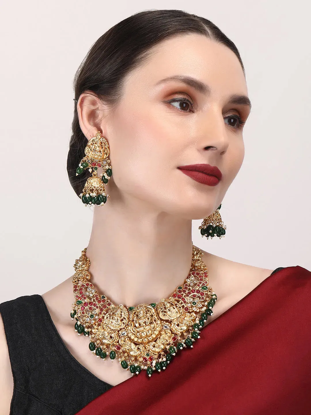 Gold Plated Green Beads Temple Necklace Set With Jhumkas