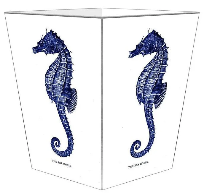 Indigo Seahorse Decoupage Wood Wastebasket