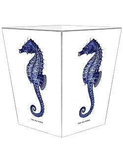 Indigo Seahorse Decoupage Wood Wastebasket