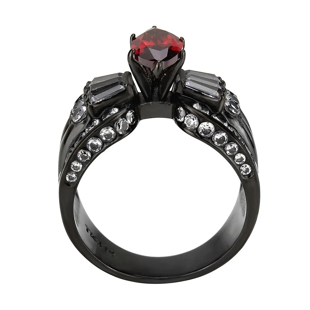 IP Black (Ion Plating) Stainless Steel Ring with AAA Grade CZ in Garnet for Women Style TK3776