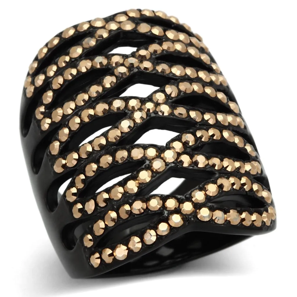 IP Black(Ion Plating) Stainless Steel Ring with Top Grade Crystal in Metallic Light Gold for Women Style TK979