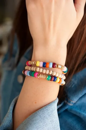 June Rainbow and Wood Beaded Bracelet Set | Colorful Bead Bracelet Stack With Gold Details | Bright Colored Bracelet