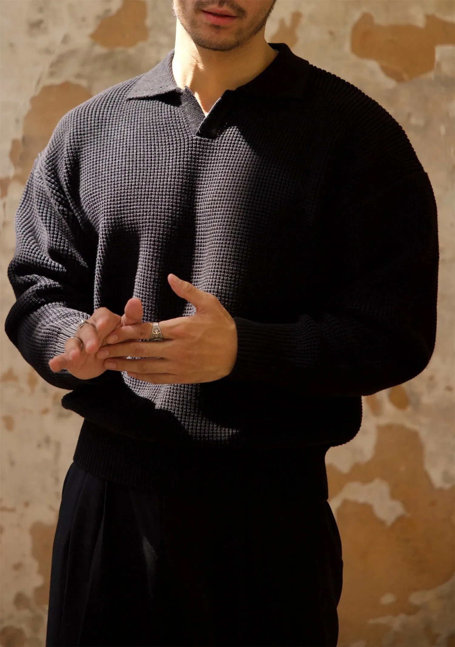 Men's Waffle Open Collar Sweater