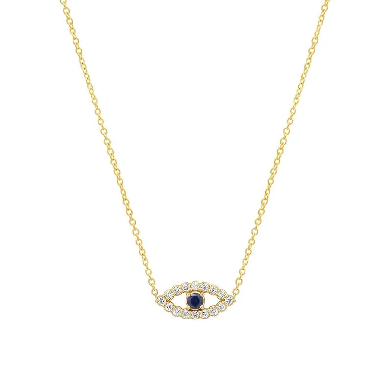 Mini Diamond Open Evil Eye Necklace with Blue Sapphire Center