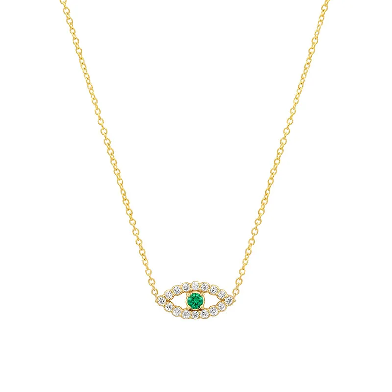 Mini Diamond Open Evil Eye Necklace with Emerald Center