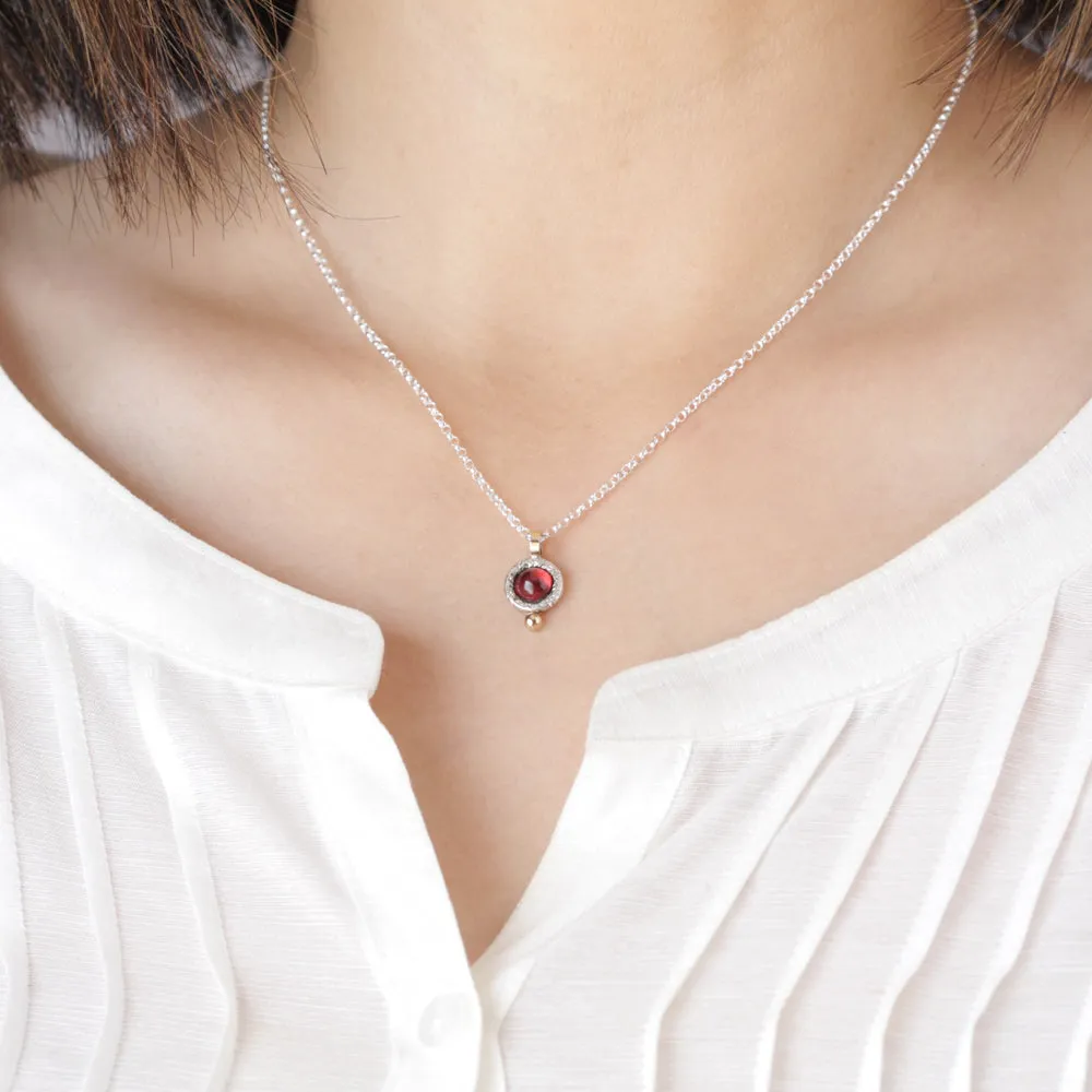 Mixed Silver and 14k Gold Garnet Pendant Necklace