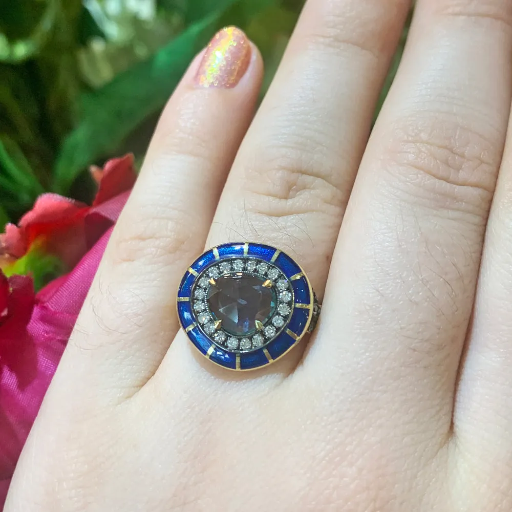 Montana Sapphire, Diamond, & Enamel Ring - "Rock Candy Ocean Mosaic"