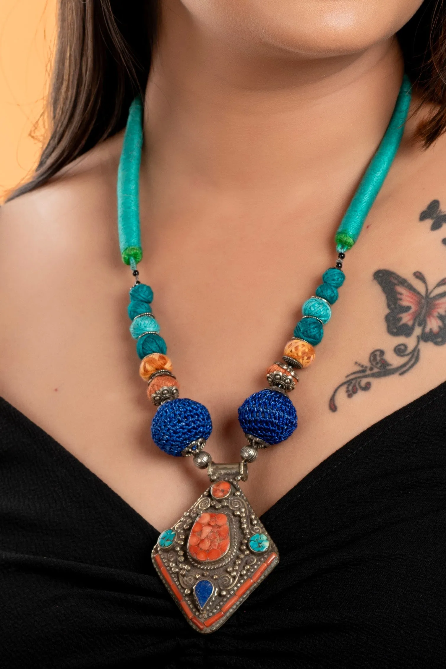 Multicolor Tibetan Neckpiece With Adjustable Dori, Handcrafted Cotton Beads & Pendant For Women