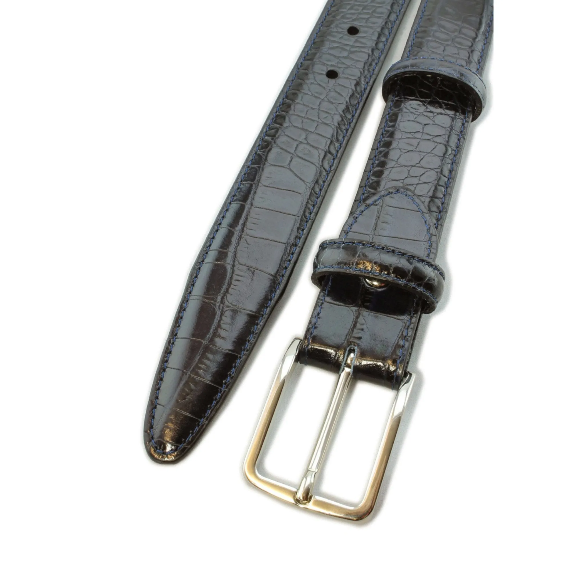 Navy blue narrow mock croc belt with silver buckle