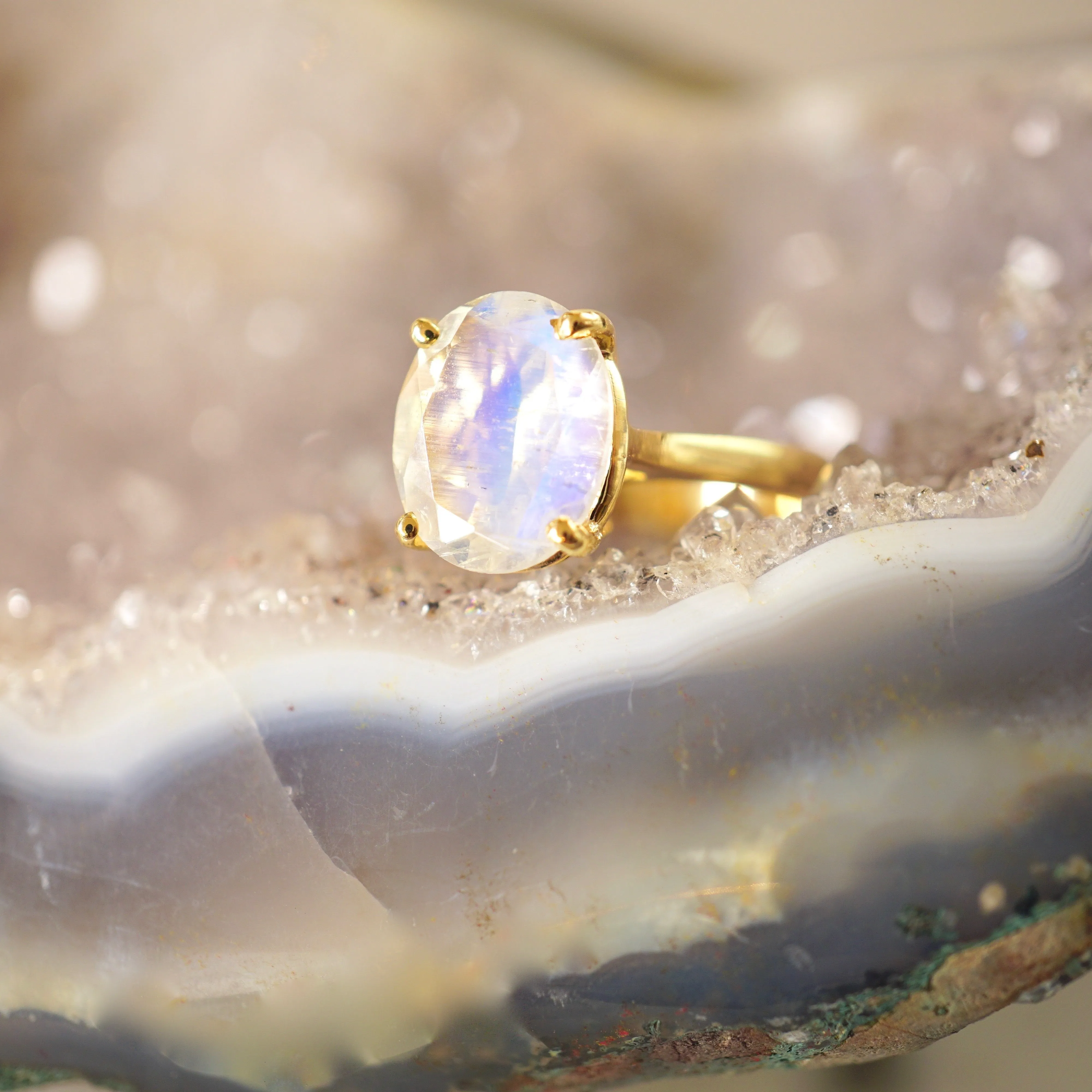 Oval Moonstone Ring - Moonstone Engagement Ring - Large Oval Moonstone Ring - Rainbow Moonstone Ring