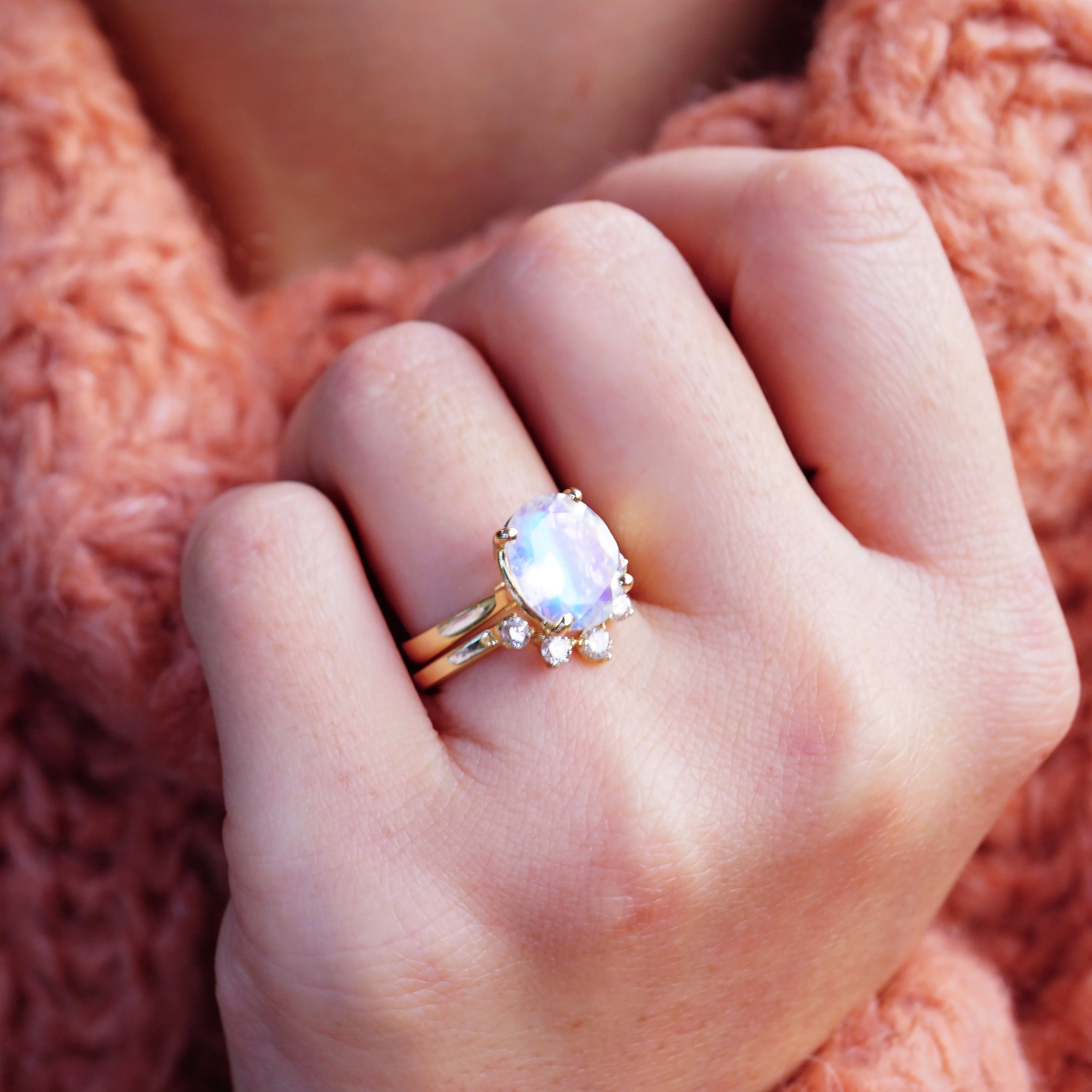 Oval Moonstone Ring - Moonstone Engagement Ring - Large Oval Moonstone Ring - Rainbow Moonstone Ring