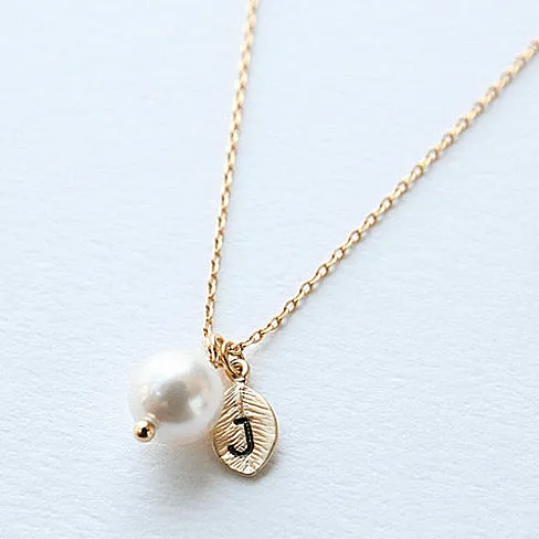 Pearl & Initial Gold Leaf Necklace