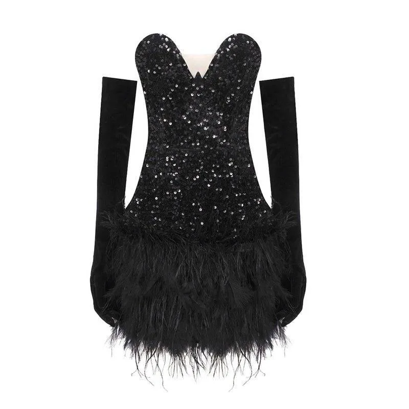 Rosie Sweetheart Neck Sequins Feather Hem Mini Dress