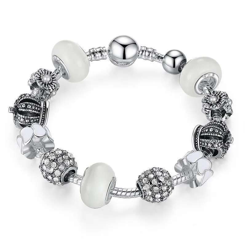 Royal Crown & Crystal Ball Silver Charm Bracelet