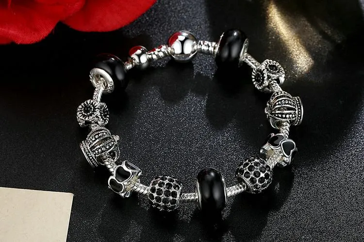 Royal Crown & Crystal Ball Silver Charm Bracelet