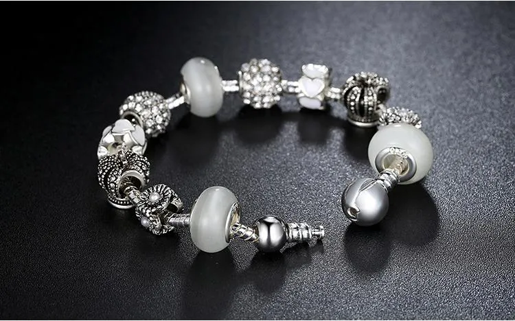 Royal Crown & Crystal Ball Silver Charm Bracelet