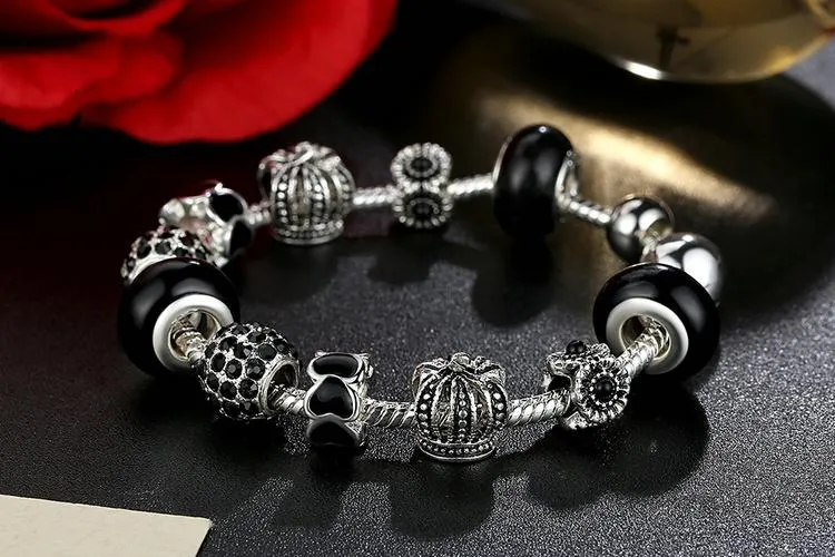 Royal Crown & Crystal Ball Silver Charm Bracelet