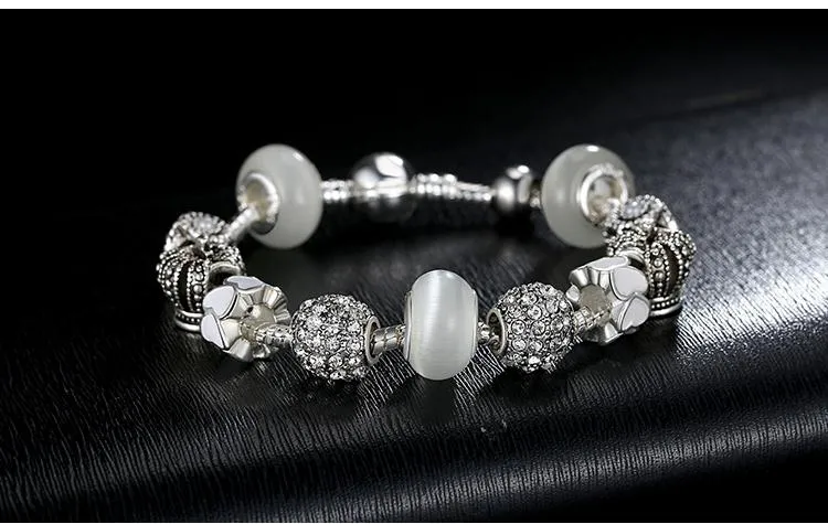 Royal Crown & Crystal Ball Silver Charm Bracelet