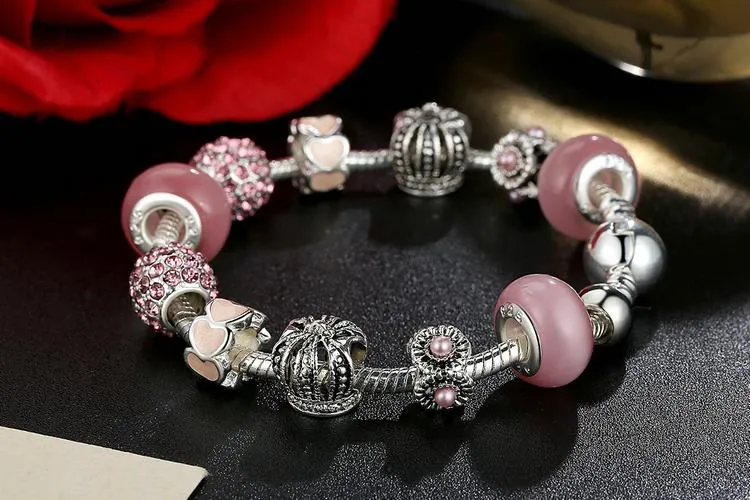 Royal Crown & Crystal Ball Silver Charm Bracelet