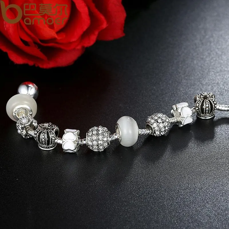 Royal Crown & Crystal Ball Silver Charm Bracelet