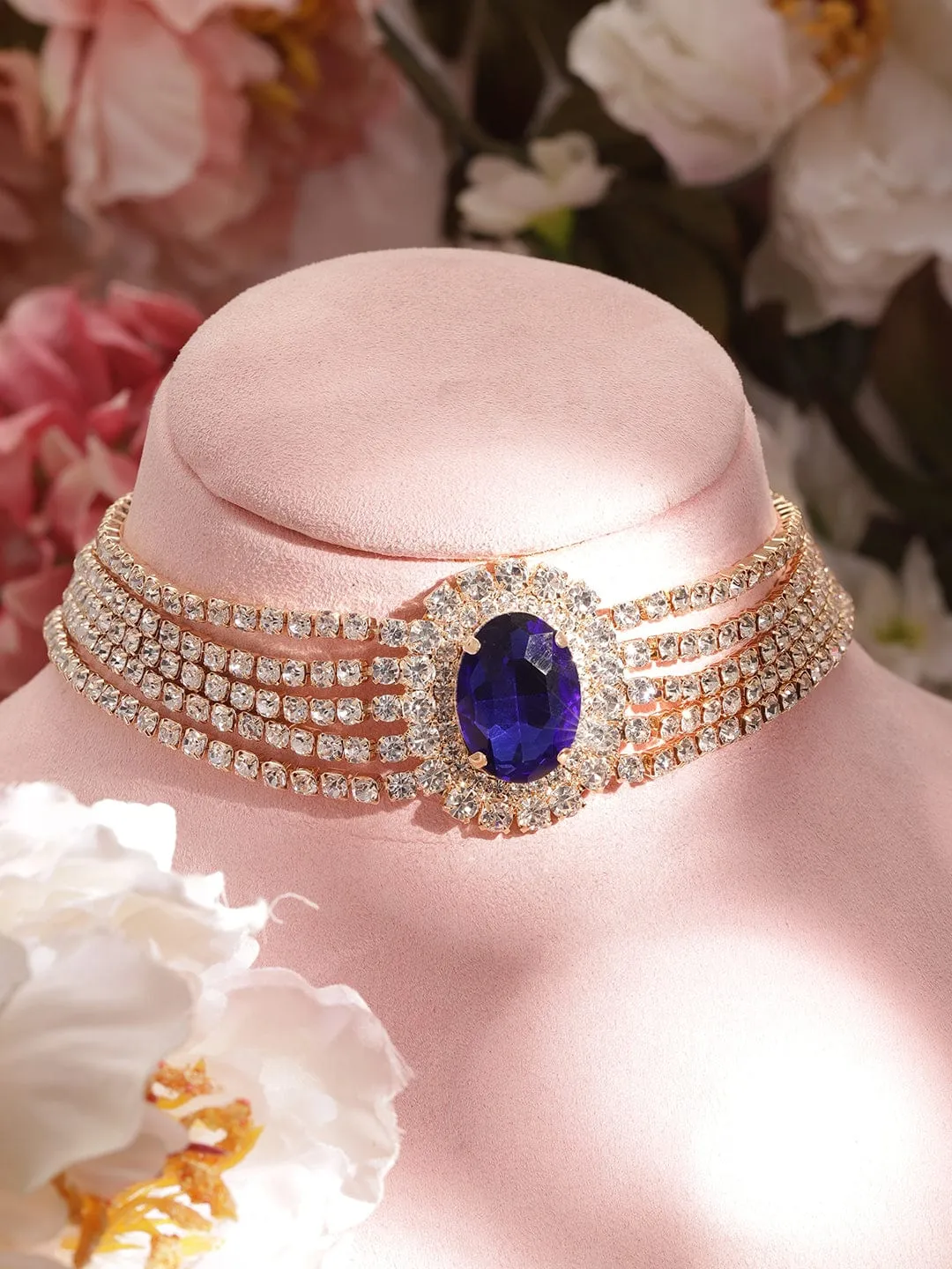 Rubans 22 KT Gold-Plated Choker with Regal Sapphire Embellishments and Sparkling AD Accents