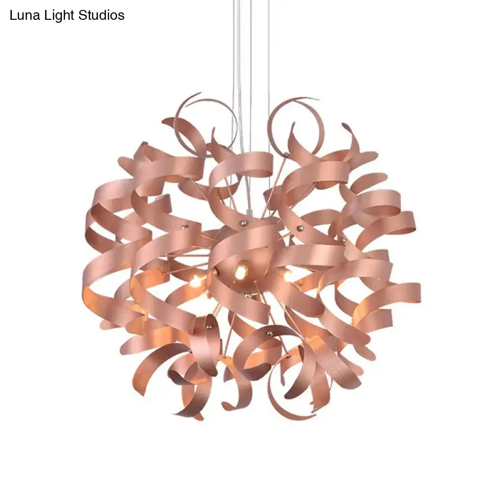 Sleek 6-Bulb LED Chandelier with Spiral Ribbon Design - Contemporary Copper Finish - Restaurant Lighting Kit