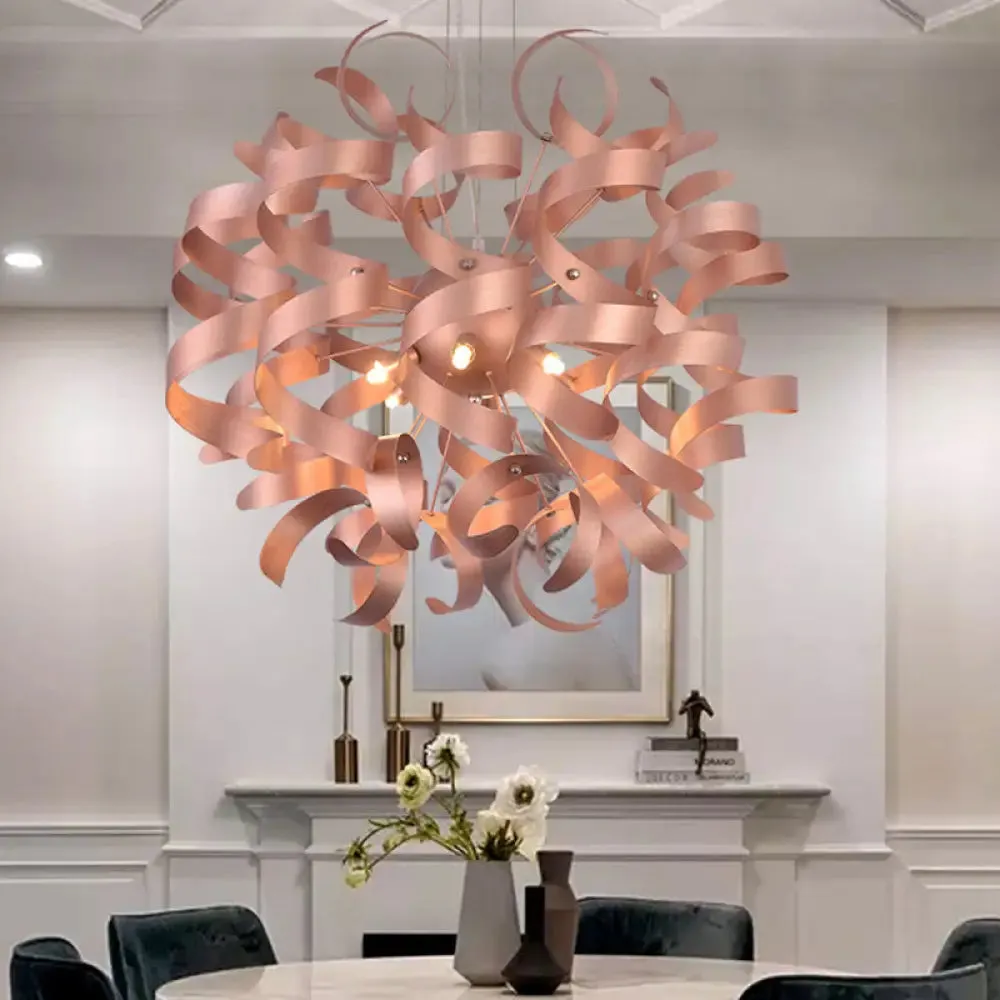 Sleek 6-Bulb LED Chandelier with Spiral Ribbon Design - Contemporary Copper Finish - Restaurant Lighting Kit