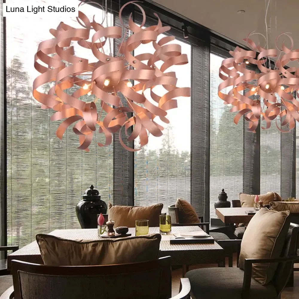 Sleek 6-Bulb LED Chandelier with Spiral Ribbon Design - Contemporary Copper Finish - Restaurant Lighting Kit