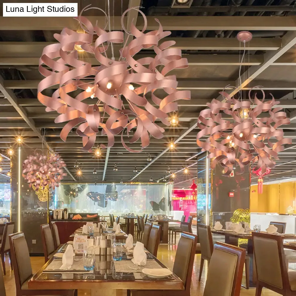 Sleek 6-Bulb LED Chandelier with Spiral Ribbon Design - Contemporary Copper Finish - Restaurant Lighting Kit