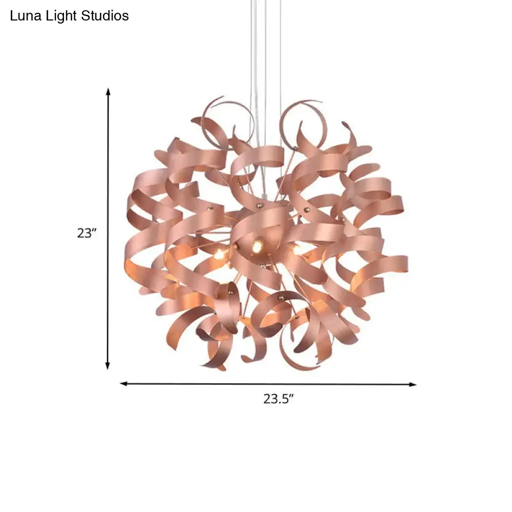 Sleek 6-Bulb LED Chandelier with Spiral Ribbon Design - Contemporary Copper Finish - Restaurant Lighting Kit