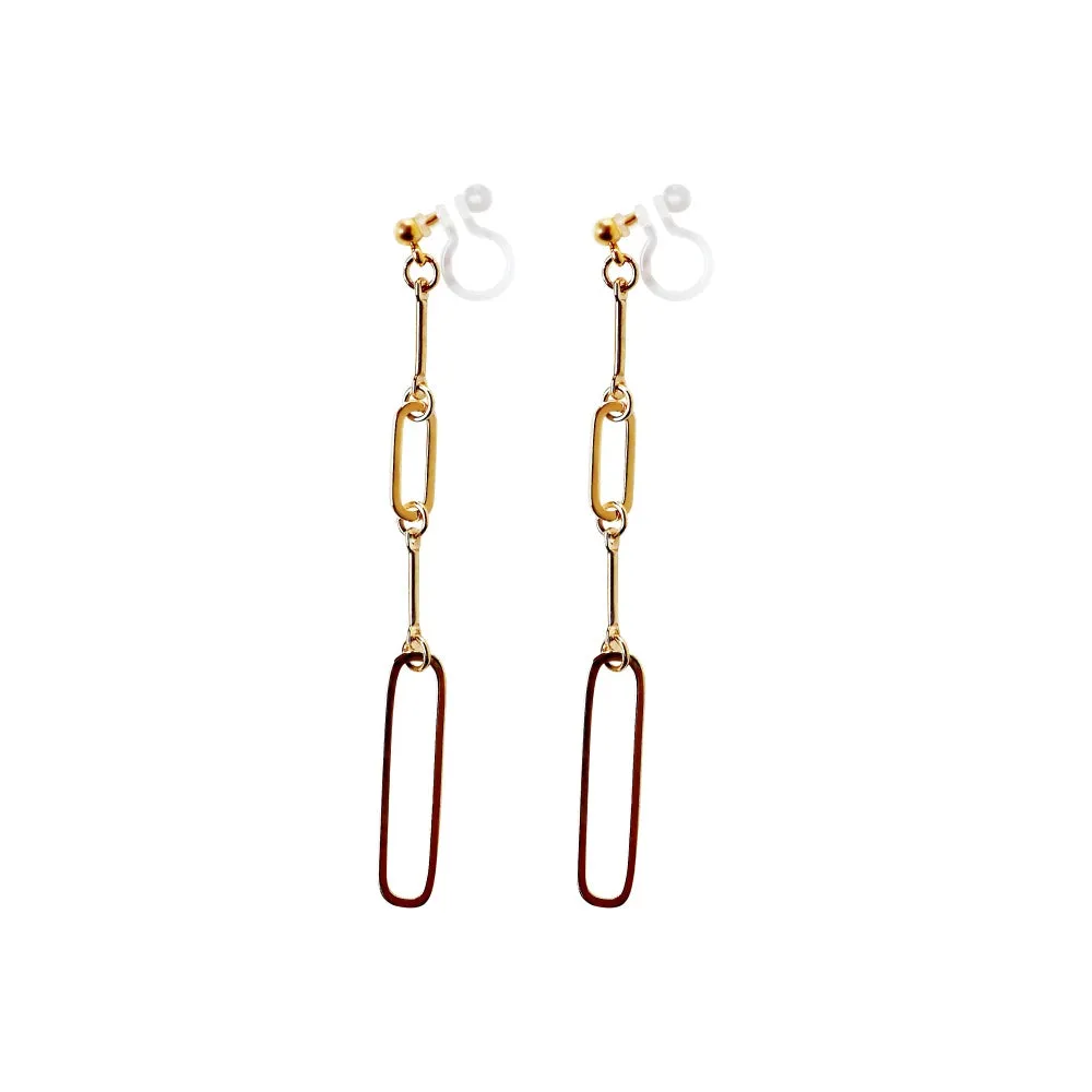 Sleek Linear Elegance Invisible Clip-On Earrings | Modern Gold Long Chain Design