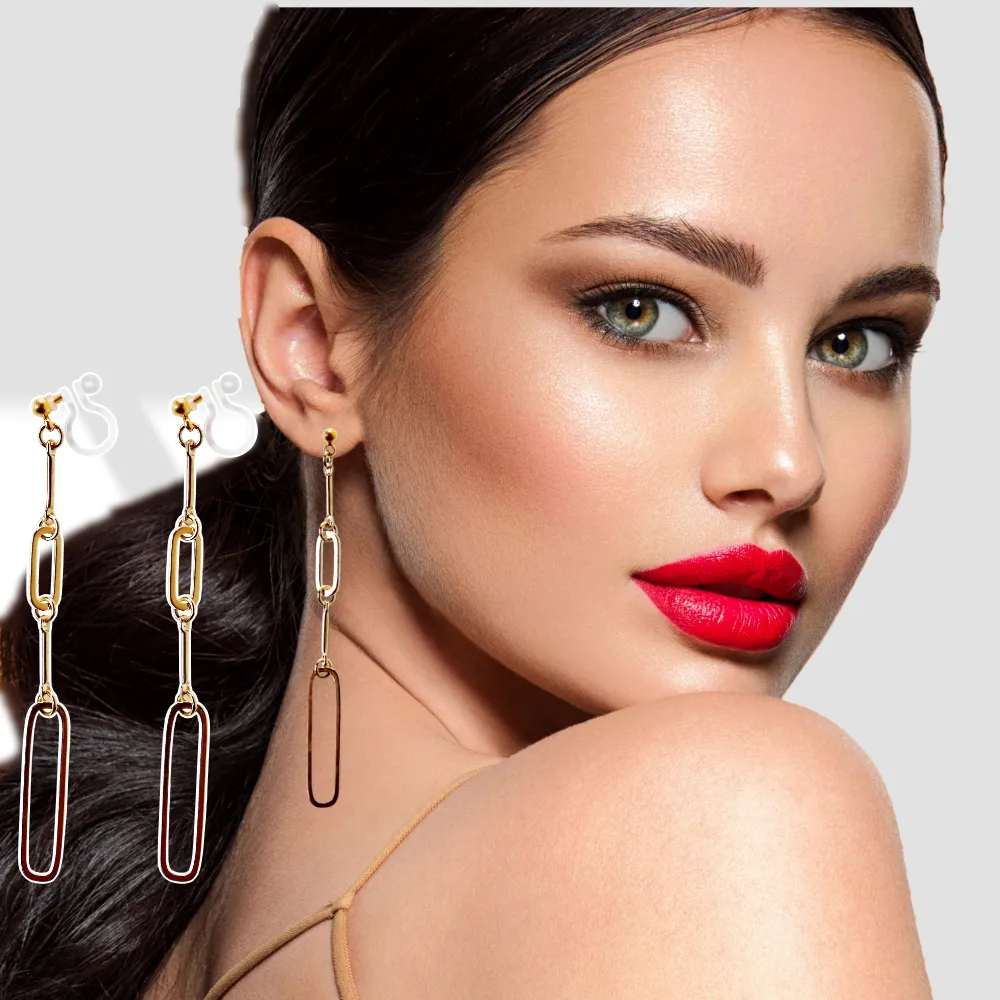 Sleek Linear Elegance Invisible Clip-On Earrings | Modern Gold Long Chain Design