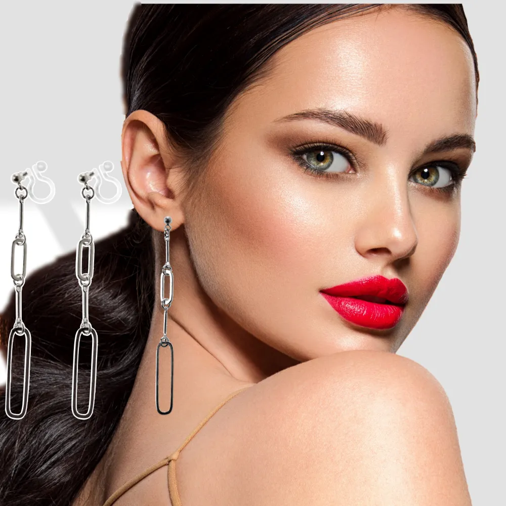 Sleek Linear Elegance Invisible Clip-On Earrings | Modern Gold Long Chain Design