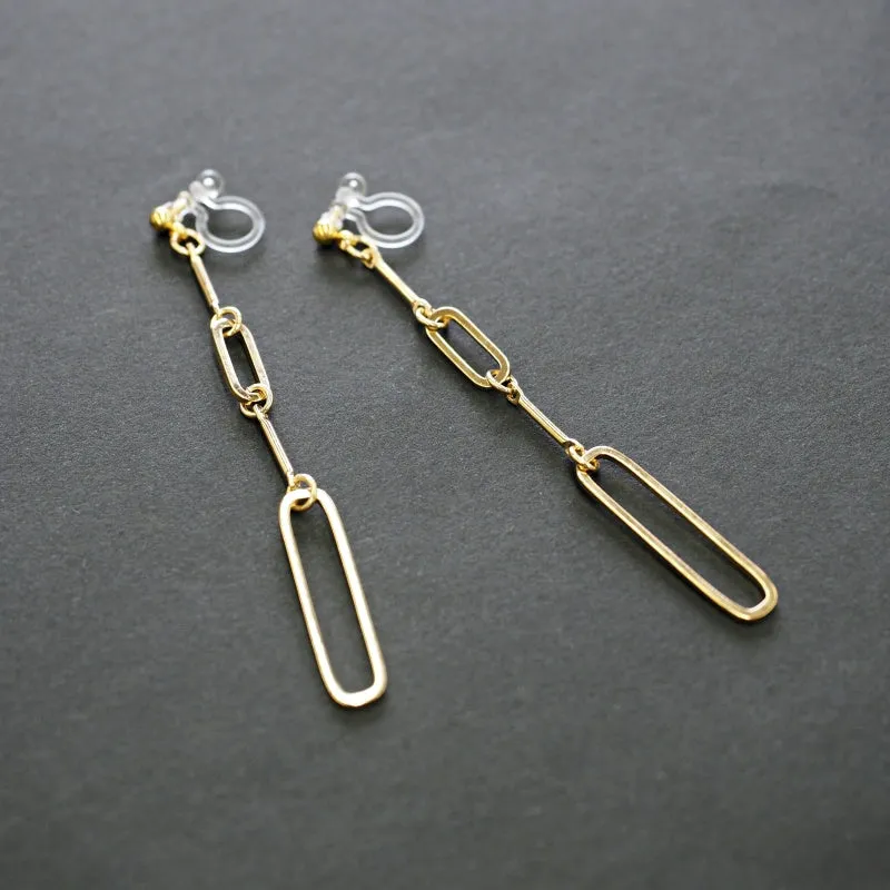 Sleek Linear Elegance Invisible Clip-On Earrings | Modern Gold Long Chain Design