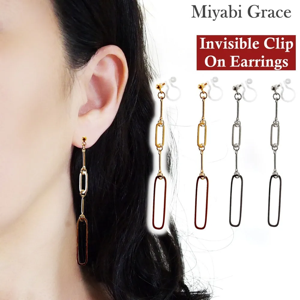 Sleek Linear Elegance Invisible Clip-On Earrings | Modern Gold Long Chain Design