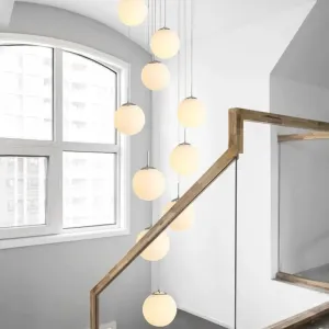 Sleek Silver Staircase Pendant Light with Cream Glass Shades - 10 Head Cluster Design