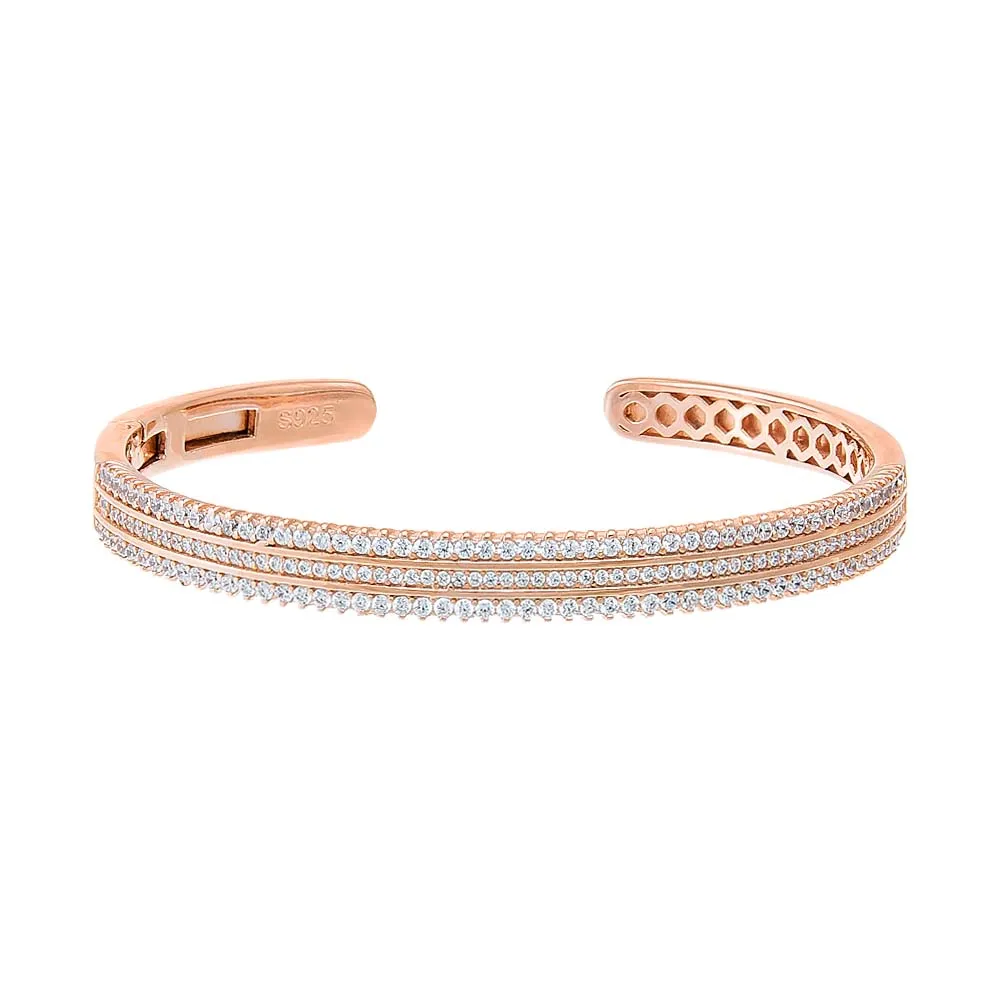 Solid/Pave Triple Row Open Bangle Bracelet