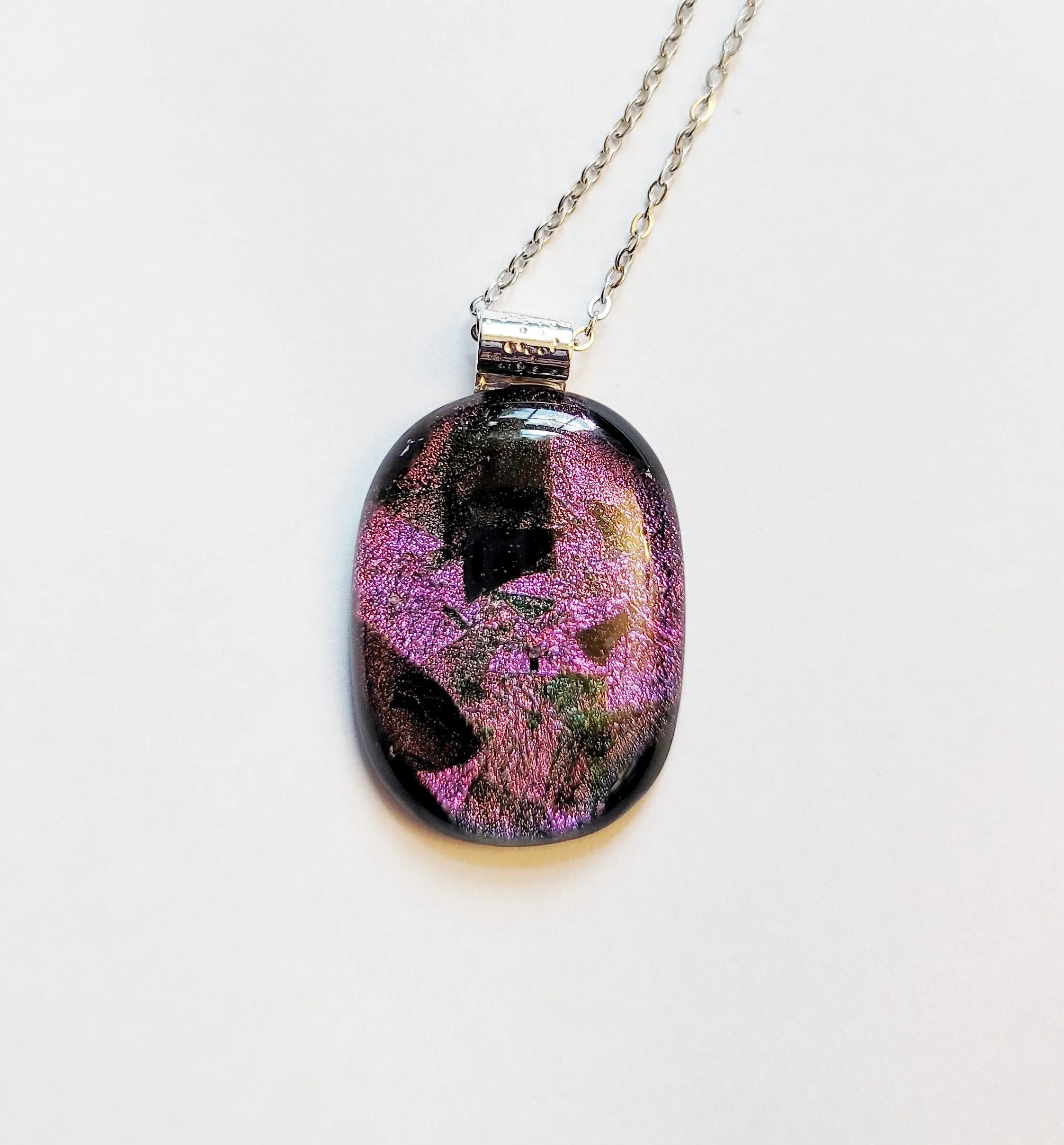 Sparkling Unique Dichroic Purple Black and green fused glass statement pendant necklace on 24 inch chain. 1.75 x 1 inch pendant